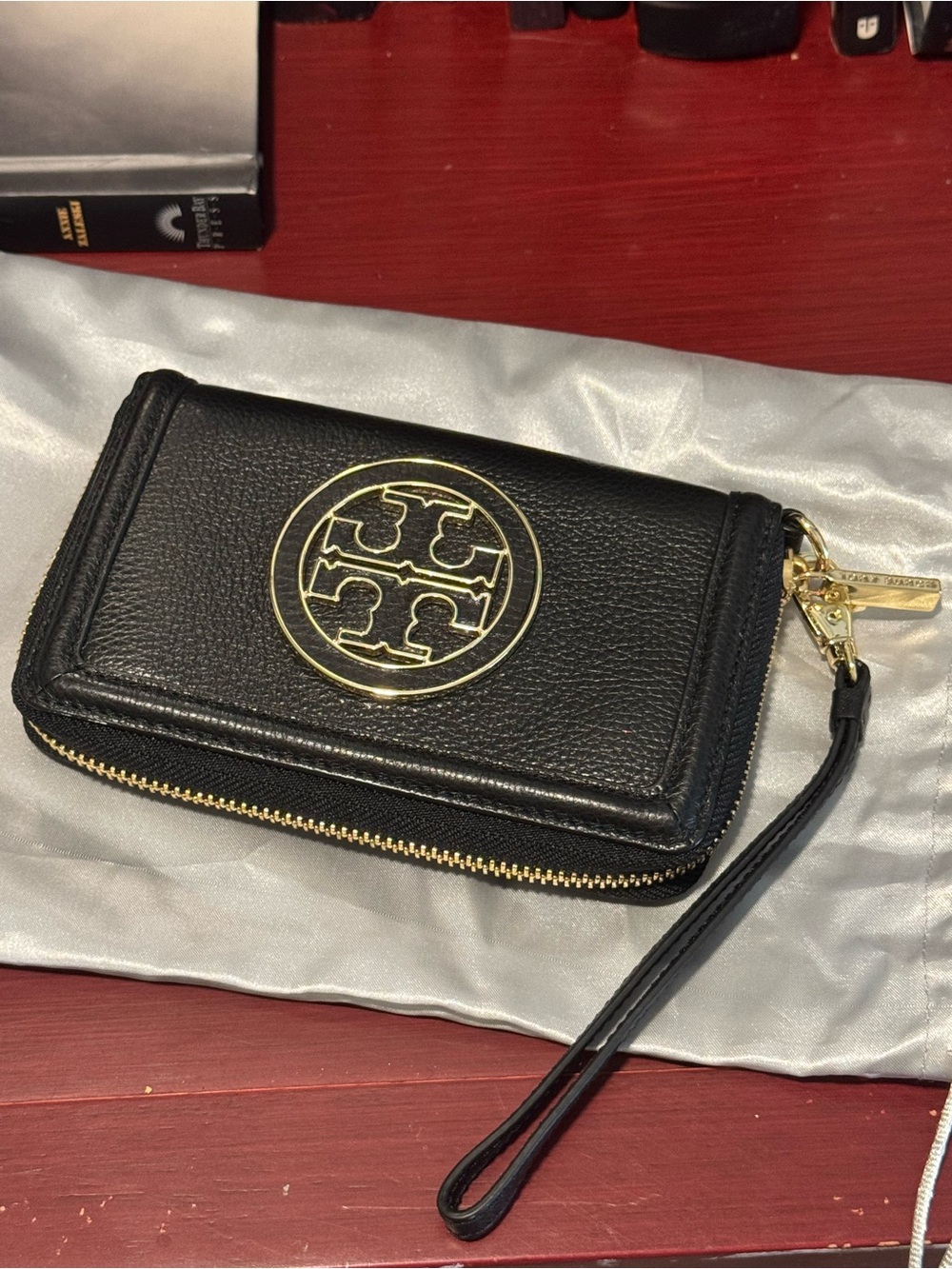 Tory Burch Black Leather Wristlet Wallet with Gold Logo